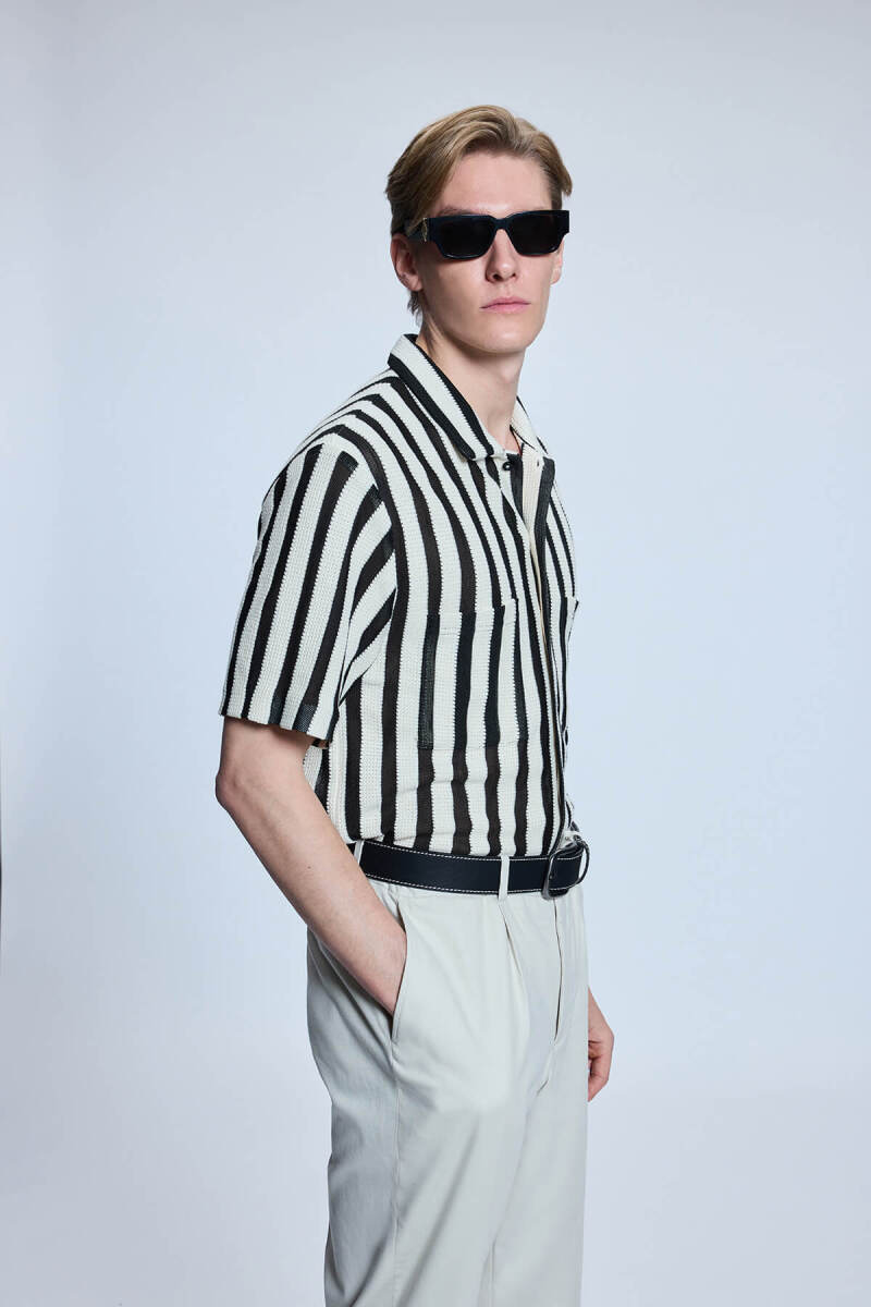 Ekru Çizgili Regular Fit Polo Yaka Kısa Kollu Gömlek - Saykı (1)