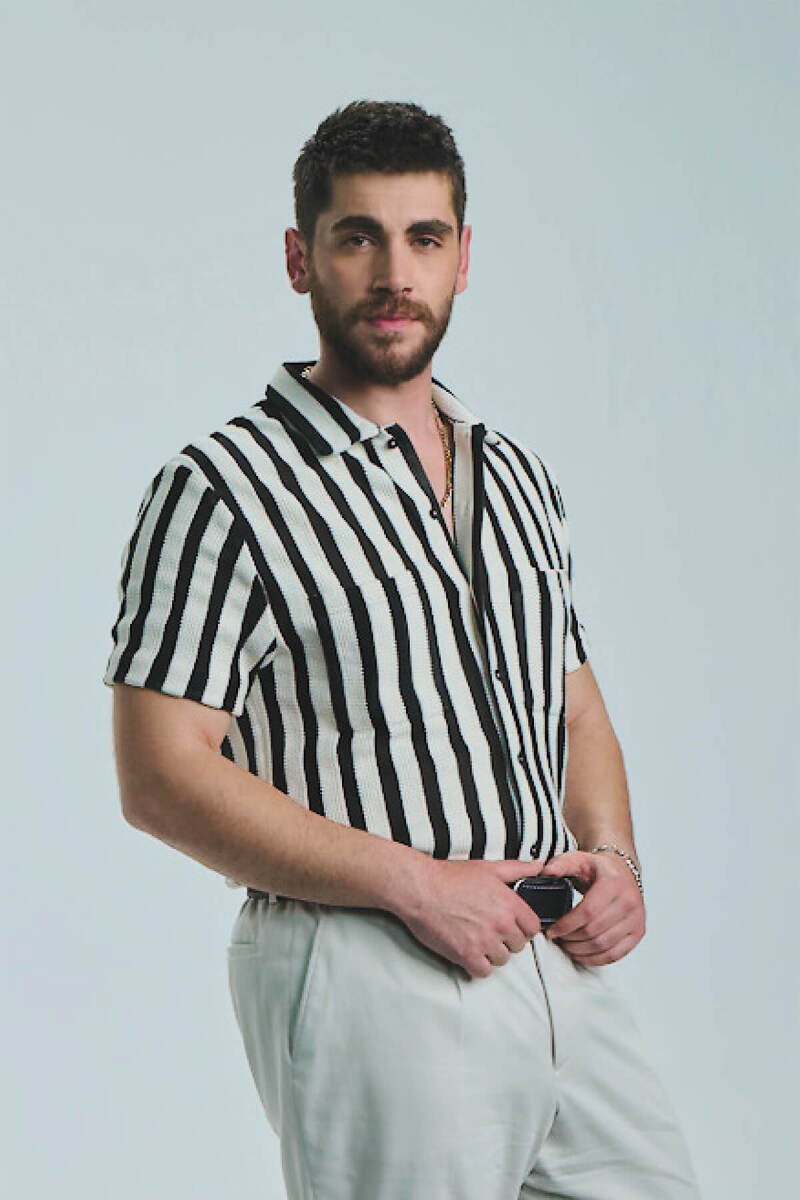 Ekru Çizgili Regular Fit Polo Yaka Kısa Kollu Gömlek - Saykı