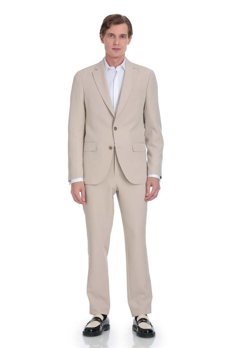 Ekru Slim Fit Mono Yaka Casual Takım Elbise - HTML