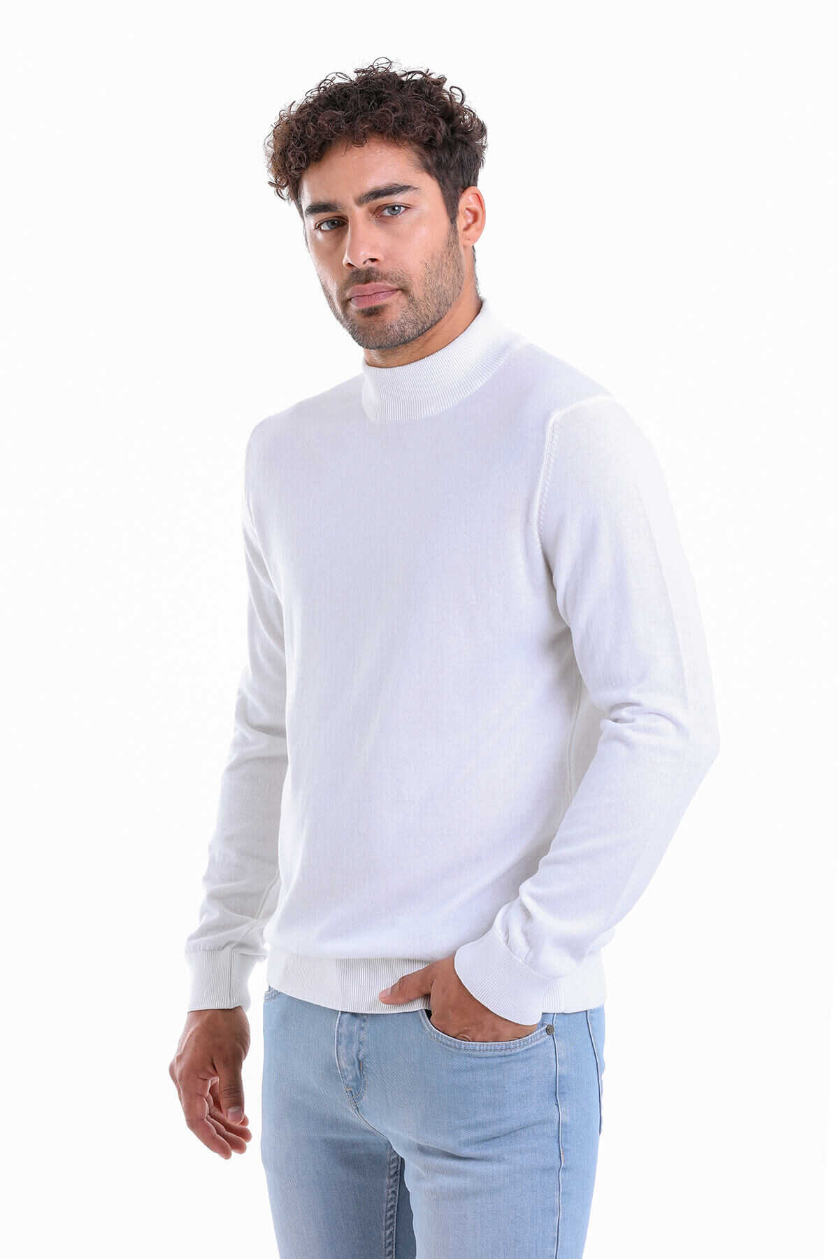 Ekru Regular Fit Düz 100% Pamuk Yarım Balıkçı Yaka Triko Kazak - 3