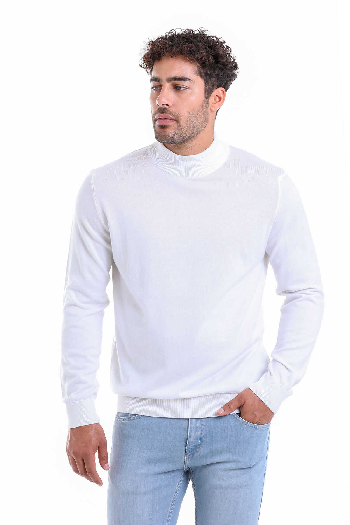 Ekru Regular Fit Düz 100% Pamuk Yarım Balıkçı Yaka Triko Kazak - 2