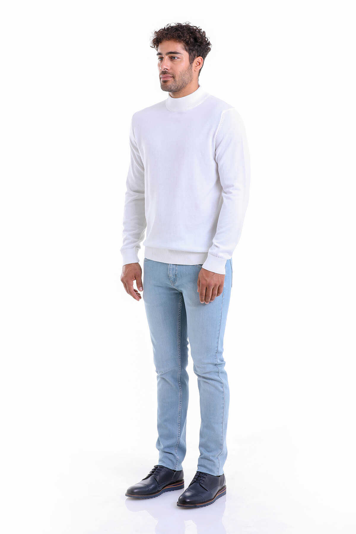 Ekru Regular Fit Düz 100% Pamuk Yarım Balıkçı Yaka Triko Kazak - 6
