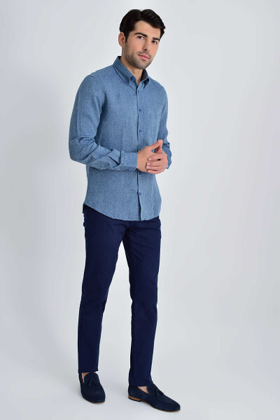 Desenli Slim Fit Indigo Gömlek - 2