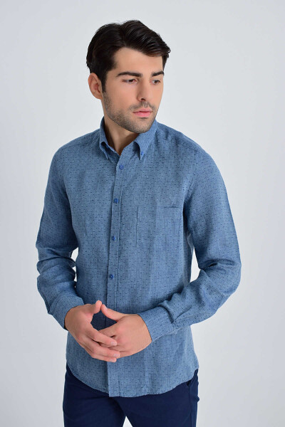 Desenli Slim Fit Indigo Gömlek - 3