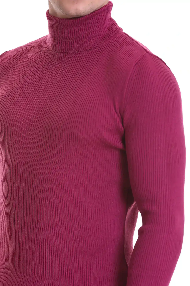 Pembe Slim Fit Fitilli Balıkçı Yaka Yünlü Triko Kazak - Hatem Saykı (1)