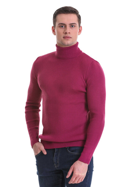 Pembe Slim Fit Fitilli Balıkçı Yaka Yünlü Triko Kazak 