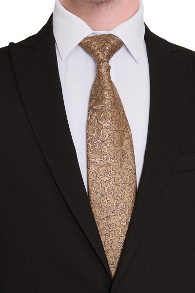 Bej Desenli Klasik Micro Kravat - 3
