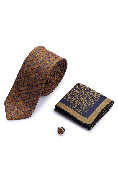 Sarı Üçlü Yaka Rozeti Kravat Mendil Set - 2