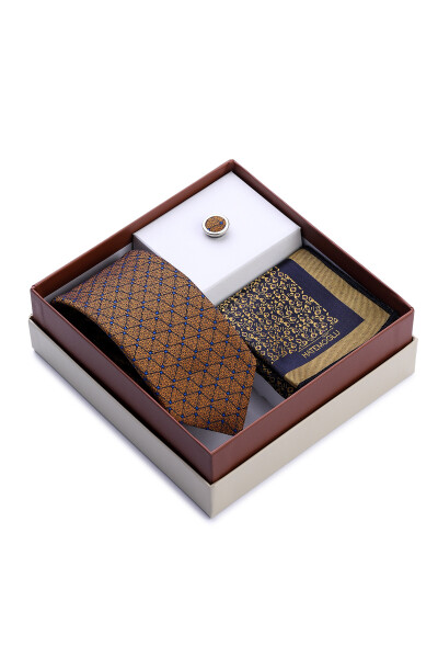 Sarı Üçlü Yaka Rozeti Kravat Mendil Set - 4