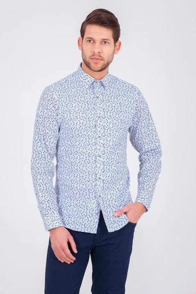 Gri Slim Fit Baskılı Pamuklu Uzun Kol Spor Gömlek - 5