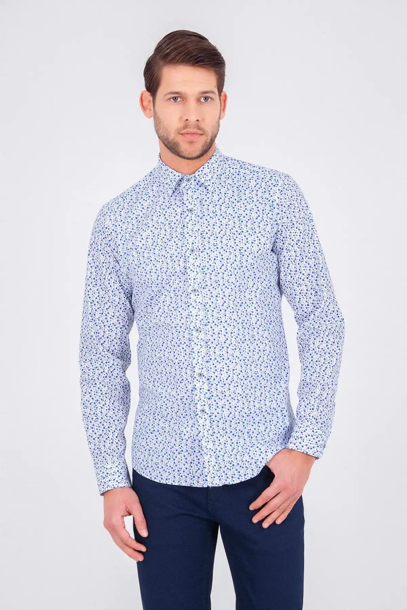 Gri Slim Fit Baskılı Pamuklu Uzun Kol Spor Gömlek - HTML (1)