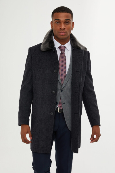 Gri Bebe Yaka Kürk Detaylı Yünlü Palto - 1