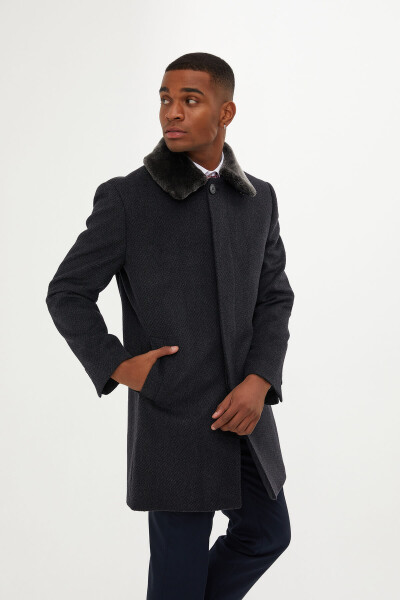 Gri Bebe Yaka Kürk Detaylı Yünlü Palto - 2