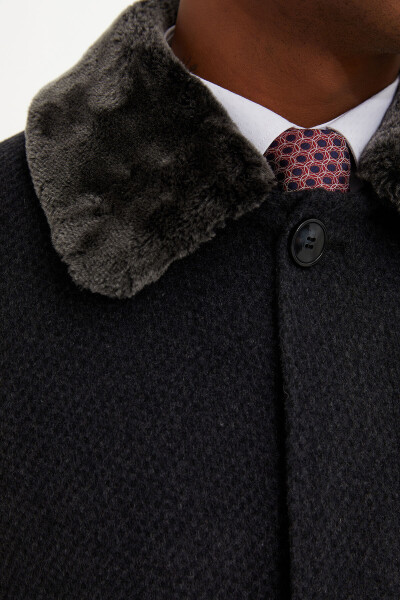 Gri Bebe Yaka Kürk Detaylı Yünlü Palto - 3