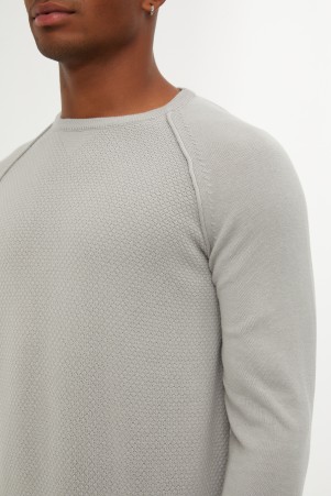 Gri Slim Fit Desenli Pamuklu Bisiklet Yaka Triko Kazak - 5