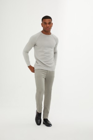 Gri Slim Fit Desenli Pamuklu Bisiklet Yaka Triko Kazak - 4