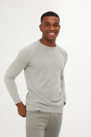 Gri Slim Fit Desenli Pamuklu Bisiklet Yaka Triko Kazak - 8