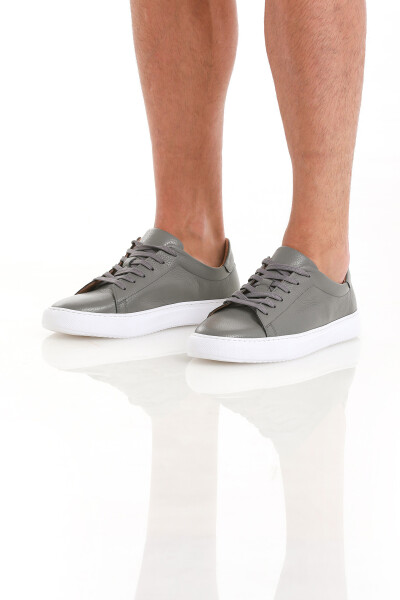Gri Casual Bağcıklı Deri Sneakers - 2