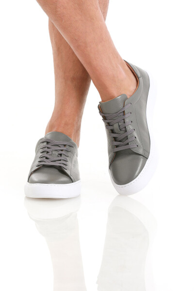 Gri Casual Bağcıklı Deri Sneakers - 4