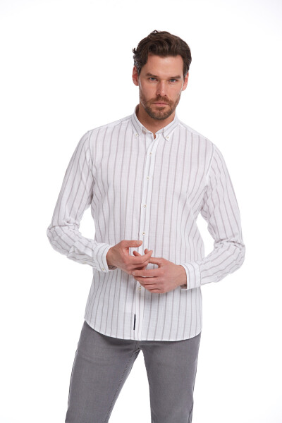 Gri Comfort Fit Çizgili 100% Pamuk Düğmeli Yaka Uzun Kollu Casual Gömlek - 2