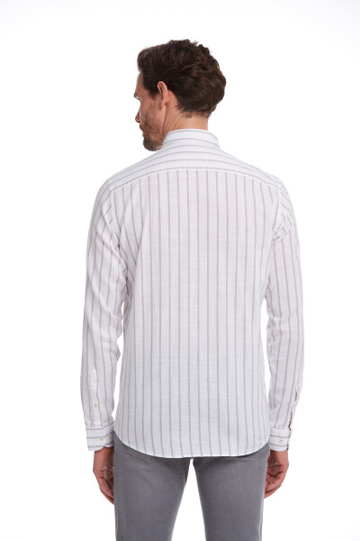 Gri Comfort Fit Çizgili 100% Pamuk Düğmeli Yaka Uzun Kollu Casual Gömlek - 6