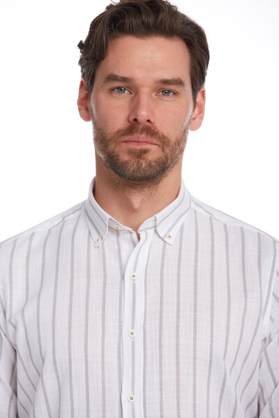 Gri Comfort Fit Çizgili 100% Pamuk Düğmeli Yaka Uzun Kollu Casual Gömlek - 8