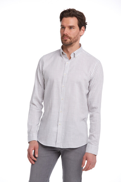 Gri Comfort Fit Çizgili 100% Pamuk Düğmeli Yaka Uzun Kollu Casual Gömlek 