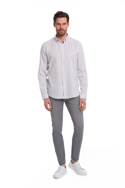 Gri Comfort Fit Çizgili 100% Pamuk Düğmeli Yaka Uzun Kollu Casual Gömlek - 6