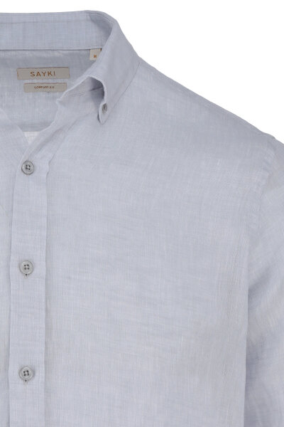 Gri Comfort Fit 100% Keten Düğmeli Yaka Uzun Kollu Keten Gömlek - 2