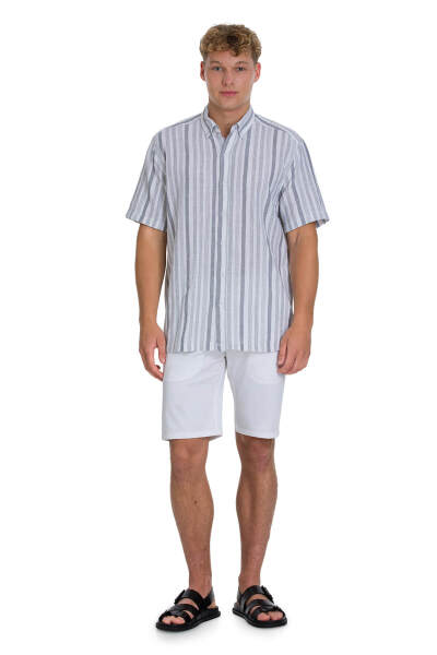 Gri Comfort Fit 100% Pamuk Düğmeli Yaka Kısa Kollu Pamuk Gömlek - 2