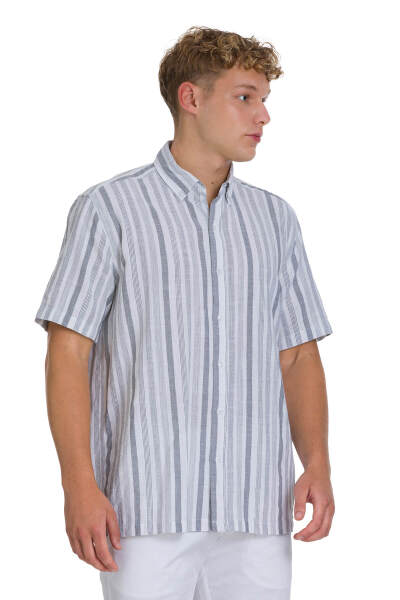 Gri Comfort Fit 100% Pamuk Düğmeli Yaka Kısa Kollu Pamuk Gömlek - 3