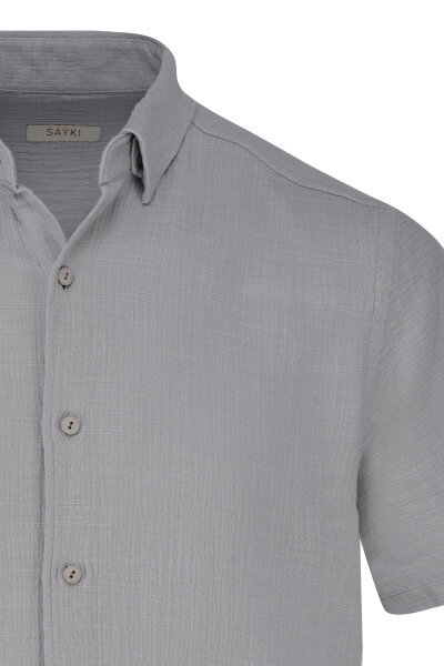 Gri Comfort Fit 100% Pamuk Gizli Düğmeli Yaka Kısa Kollu Gömlek - 2