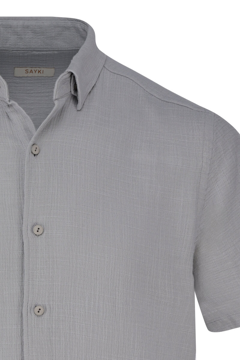 Gri Comfort Fit 100% Pamuk Gizli Düğmeli Yaka Kısa Kollu Gömlek - Saykı (1)