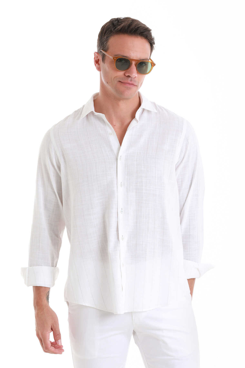 Gri Comfort Fit Çizgili 100% Pamuk Slim Yaka Uzun Kollu Gömlek - Hatem Saykı