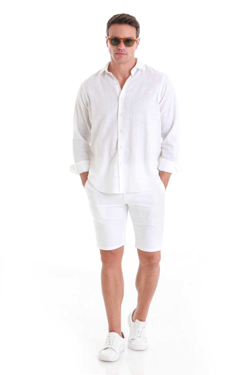 Gri Comfort Fit Çizgili 100% Pamuk Slim Yaka Uzun Kollu Gömlek - Hatem Saykı (1)