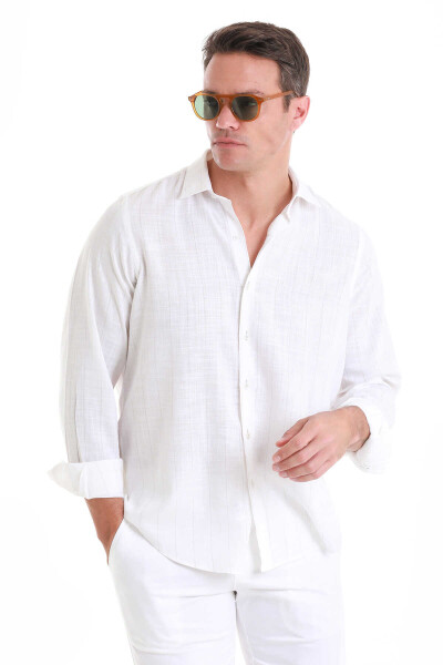 Gri Comfort Fit Çizgili 100% Pamuk Slim Yaka Uzun Kollu Gömlek - 3