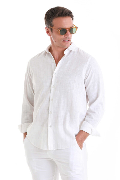 Gri Comfort Fit Çizgili 100% Pamuk Slim Yaka Uzun Kollu Gömlek - 4