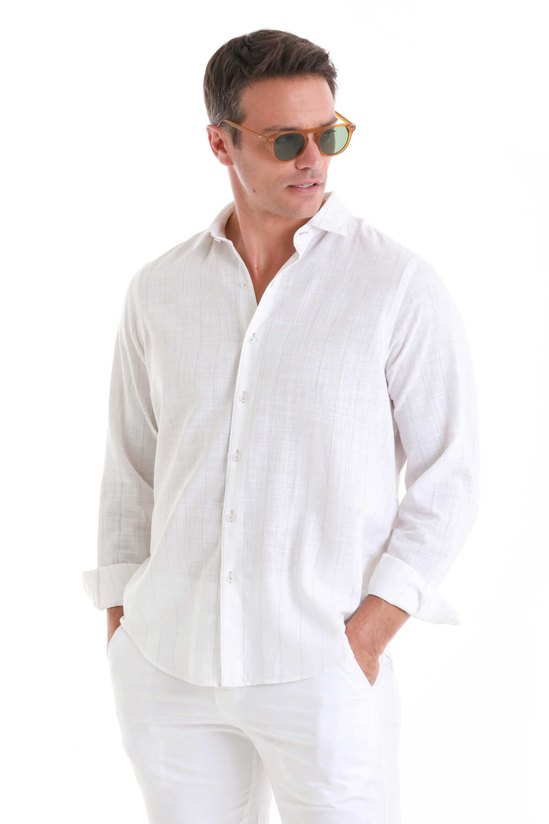 Gri Comfort Fit Çizgili 100% Pamuk Slim Yaka Uzun Kollu Gömlek - Hatem Saykı (1)