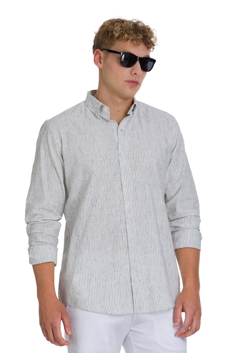 Gri Comfort Fit Çizgili Düğmeli Yaka Pamuk-Keten Uzun Kollu Gömlek - Saykı