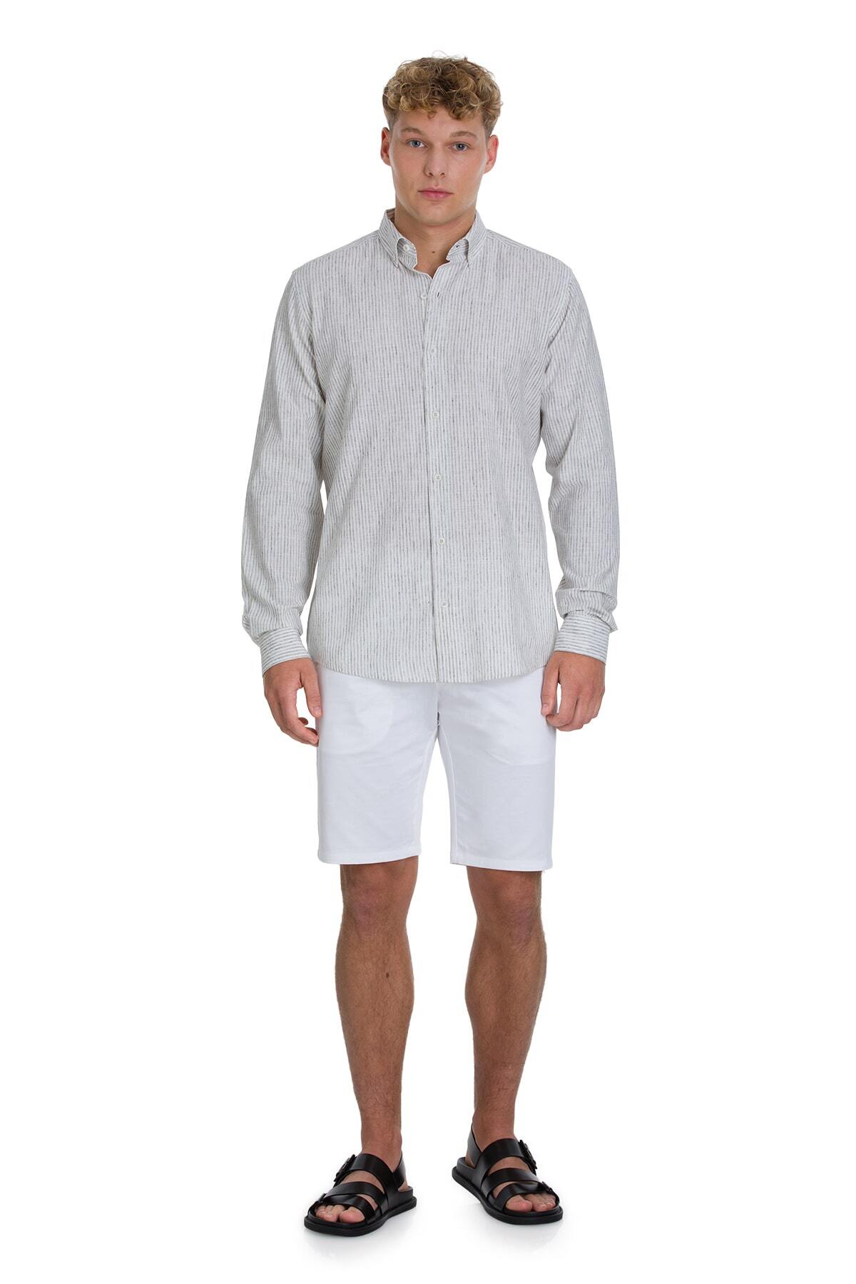Gri Comfort Fit Çizgili Düğmeli Yaka Pamuk-Keten Uzun Kollu Gömlek - 2