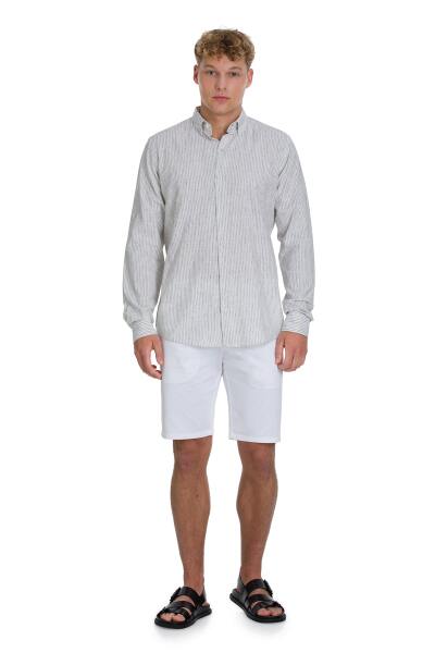 Gri Comfort Fit Çizgili Düğmeli Yaka Pamuk-Keten Uzun Kollu Gömlek - 2