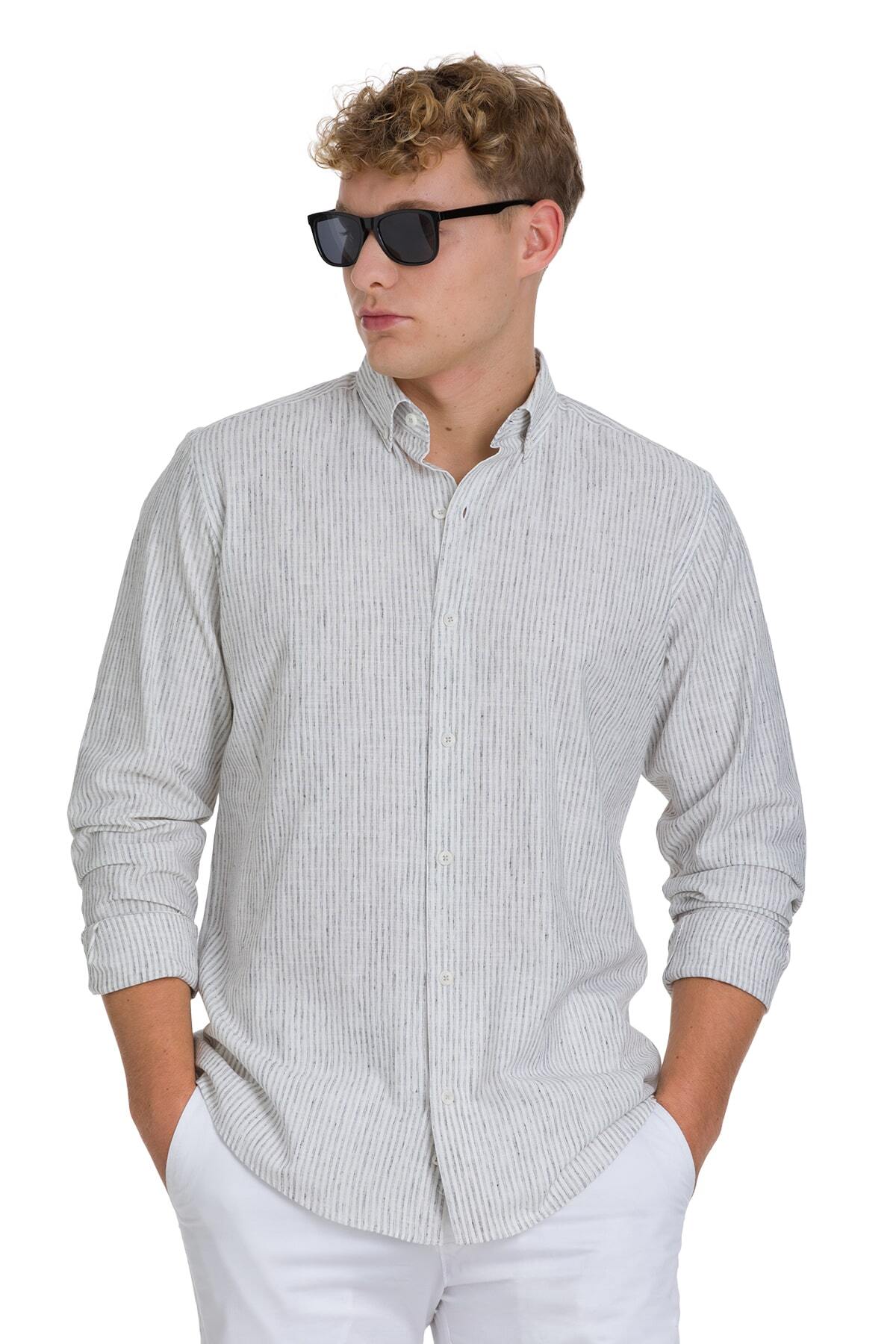 Gri Comfort Fit Çizgili Düğmeli Yaka Pamuk-Keten Uzun Kollu Gömlek - 3