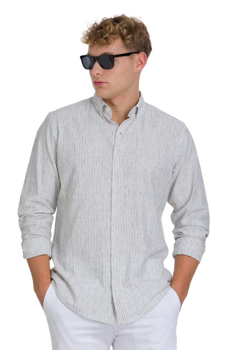 Gri Comfort Fit Çizgili Düğmeli Yaka Pamuk-Keten Uzun Kollu Gömlek - Saykı (1)
