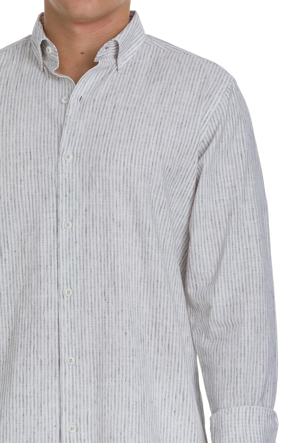 Gri Comfort Fit Çizgili Düğmeli Yaka Pamuk-Keten Uzun Kollu Gömlek - 4