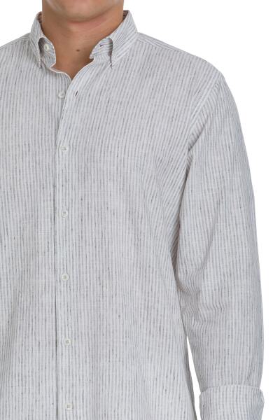 Gri Comfort Fit Çizgili Düğmeli Yaka Pamuk-Keten Uzun Kollu Gömlek - 4