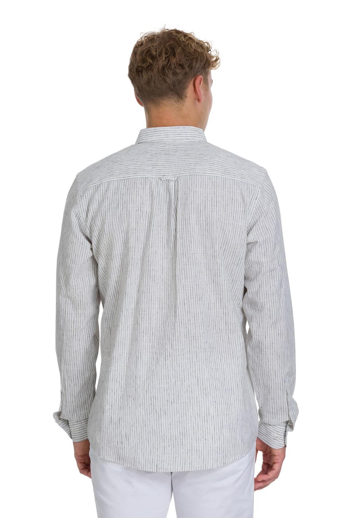 Gri Comfort Fit Çizgili Düğmeli Yaka Pamuk-Keten Uzun Kollu Gömlek - 5