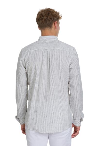 Gri Comfort Fit Çizgili Düğmeli Yaka Pamuk-Keten Uzun Kollu Gömlek - 5