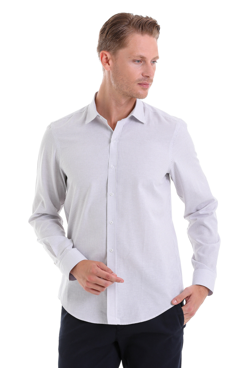 Gri Comfort Fit Çizgili Pamuklu Slim Yaka Uzun Kollu Spor Gömlek - Hatemoğlu