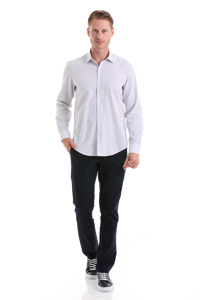 Gri Comfort Fit Çizgili Pamuklu Slim Yaka Uzun Kollu Spor Gömlek - Hatemoğlu (1)