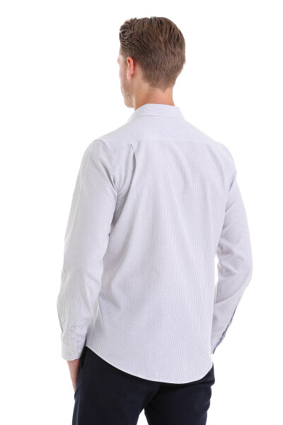Gri Comfort Fit Çizgili Pamuklu Slim Yaka Uzun Kollu Spor Gömlek - 6